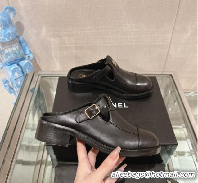 Unique Style Chanel Calfskin Loafers Mules with Buckle Black 121069