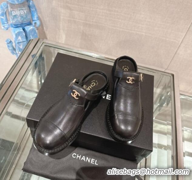 Unique Style Chanel Calfskin Loafers Mules with Buckle Black 121069