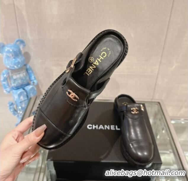 Unique Style Chanel Calfskin Loafers Mules with Buckle Black 121069