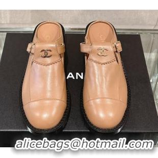 Most Popular Chanel Calfskin Loafers Mules with Buckle Brown 121070