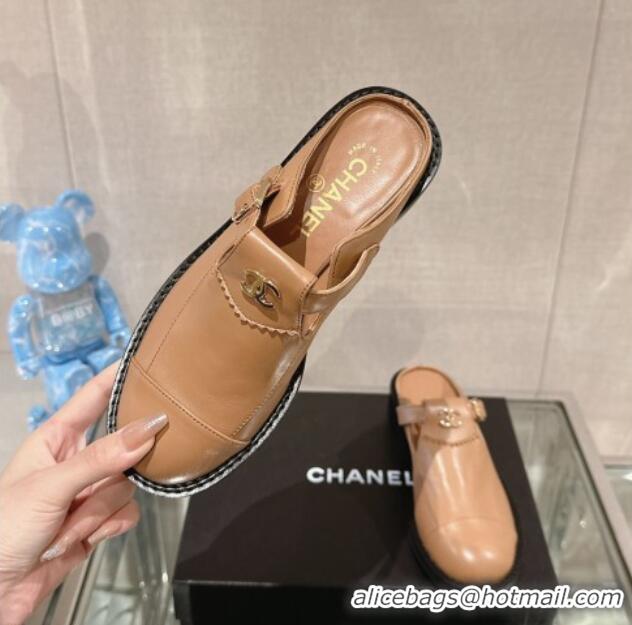 Most Popular Chanel Calfskin Loafers Mules with Buckle Brown 121070