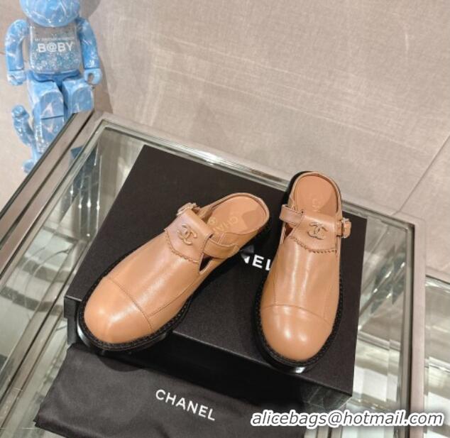 Most Popular Chanel Calfskin Loafers Mules with Buckle Brown 121070