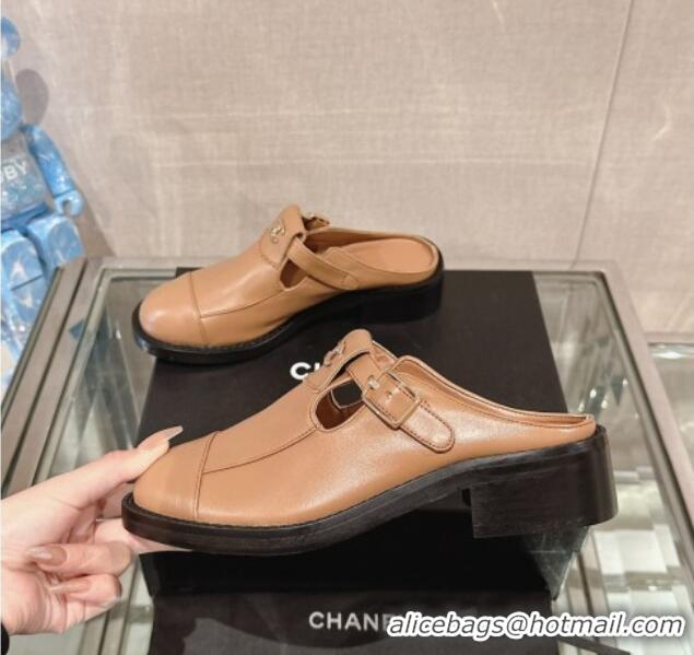 Most Popular Chanel Calfskin Loafers Mules with Buckle Brown 121070