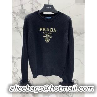 Top Quality Prada Wool & Cashmere Sweater with Ostrich Feather P112317 Black 2023