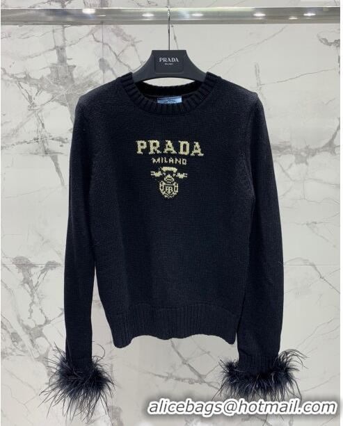 Top Quality Prada Wool & Cashmere Sweater with Ostrich Feather P112317 Black 2023