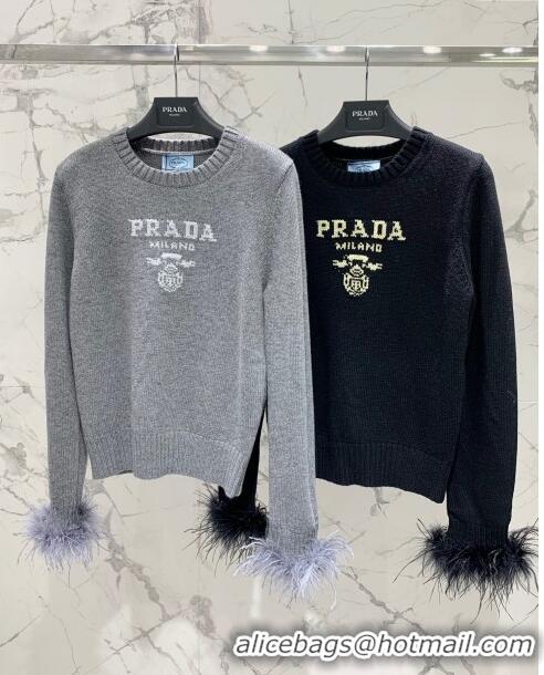 Top Quality Prada Wool & Cashmere Sweater with Ostrich Feather P112317 Black 2023