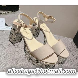 Pretty Style Chanel Grosgrain & Crystals Platform Sandals 9cm G45365 Light Beige 201002