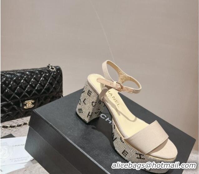 Pretty Style Chanel Grosgrain & Crystals Platform Sandals 9cm G45365 Light Beige 201002