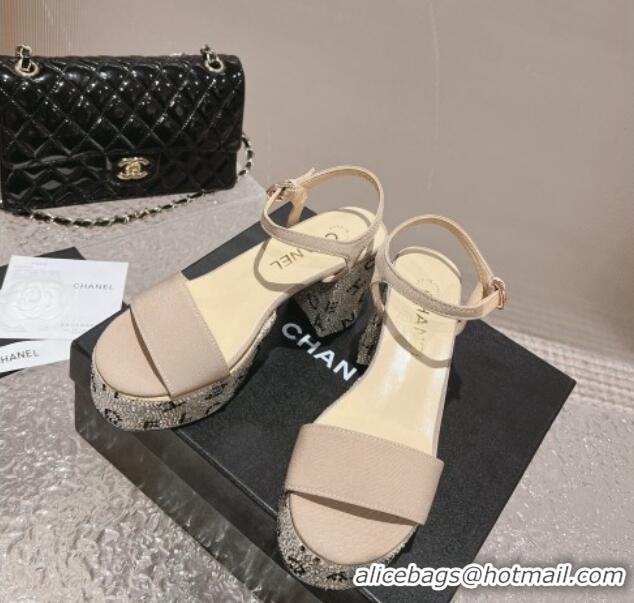 Pretty Style Chanel Grosgrain & Crystals Platform Sandals 9cm G45365 Light Beige 201002