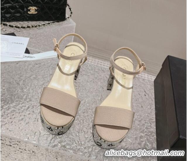 Pretty Style Chanel Grosgrain & Crystals Platform Sandals 9cm G45365 Light Beige 201002