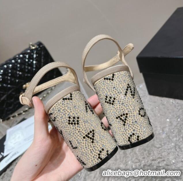 Pretty Style Chanel Grosgrain & Crystals Platform Sandals 9cm G45365 Light Beige 201002