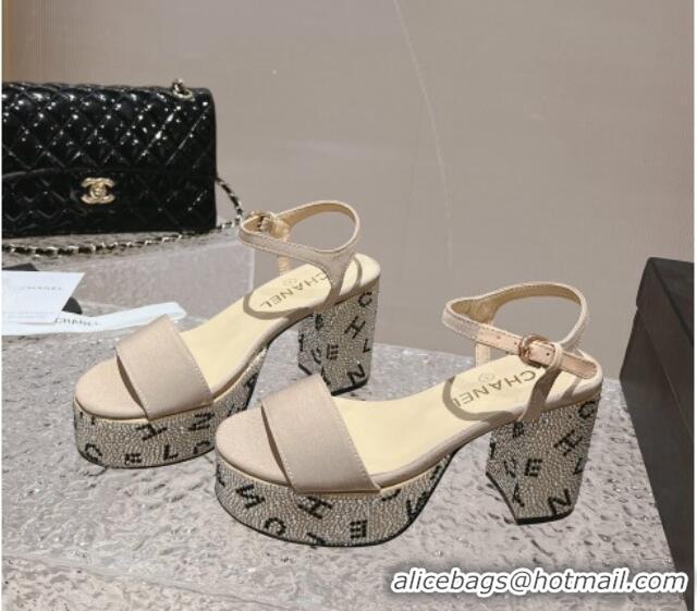 Pretty Style Chanel Grosgrain & Crystals Platform Sandals 9cm G45365 Light Beige 201002