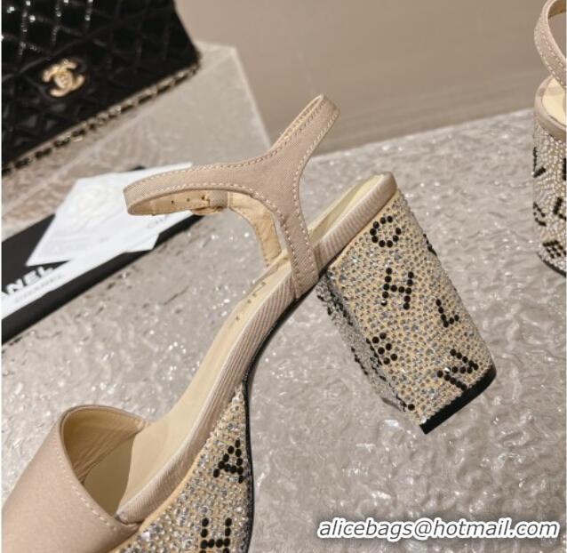 Pretty Style Chanel Grosgrain & Crystals Platform Sandals 9cm G45365 Light Beige 201002