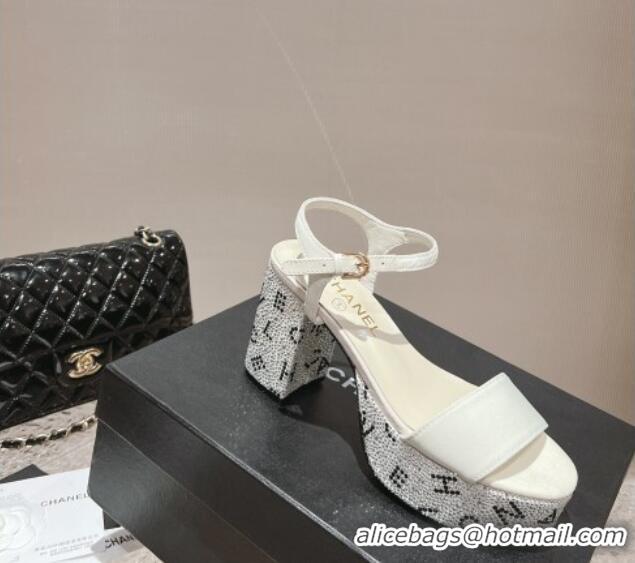 Good Product Chanel Grosgrain & Crystals Platform Sandals 9cm G45365 White 201003