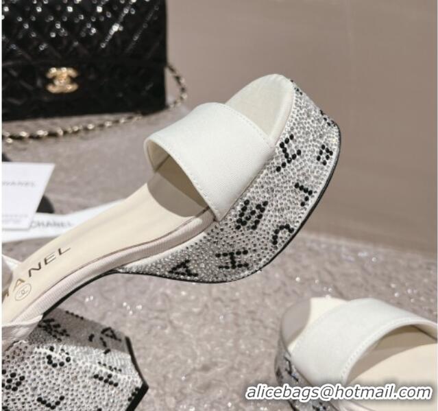 Good Product Chanel Grosgrain & Crystals Platform Sandals 9cm G45365 White 201003