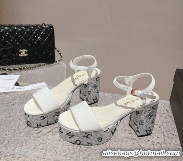 Good Product Chanel Grosgrain & Crystals Platform Sandals 9cm G45365 White 201003