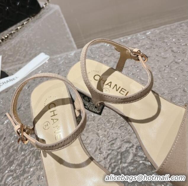 Good Quality Chanel Grosgrain & Crystals Sandals 5cm G45365 Light Beige 201005