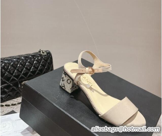 Good Quality Chanel Grosgrain & Crystals Sandals 5cm G45365 Light Beige 201005