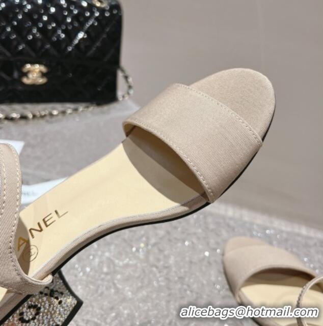 Good Quality Chanel Grosgrain & Crystals Sandals 5cm G45365 Light Beige 201005