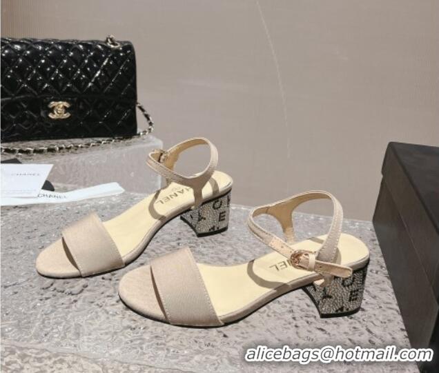 Good Quality Chanel Grosgrain & Crystals Sandals 5cm G45365 Light Beige 201005