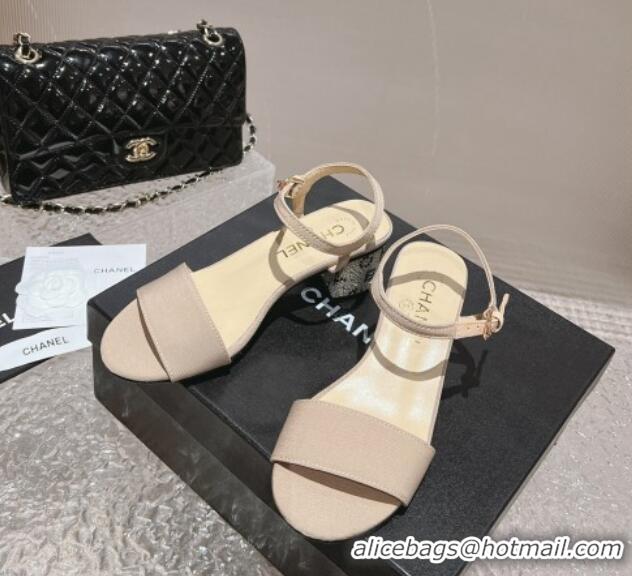 Good Quality Chanel Grosgrain & Crystals Sandals 5cm G45365 Light Beige 201005