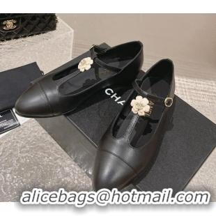 Classic Hot Chanel Calfskin Ballet Flat with Bloom Charm Black 201007