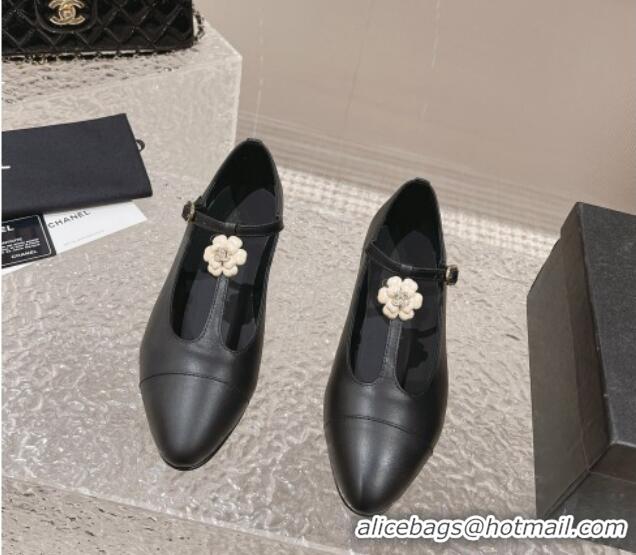 Classic Hot Chanel Calfskin Ballet Flat with Bloom Charm Black 201007