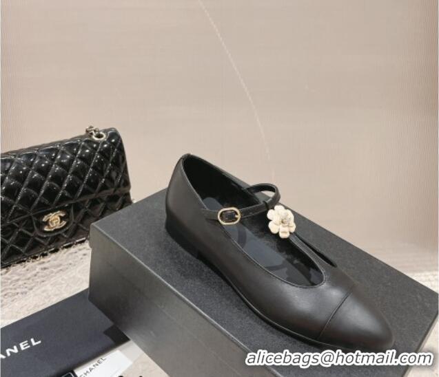 Classic Hot Chanel Calfskin Ballet Flat with Bloom Charm Black 201007