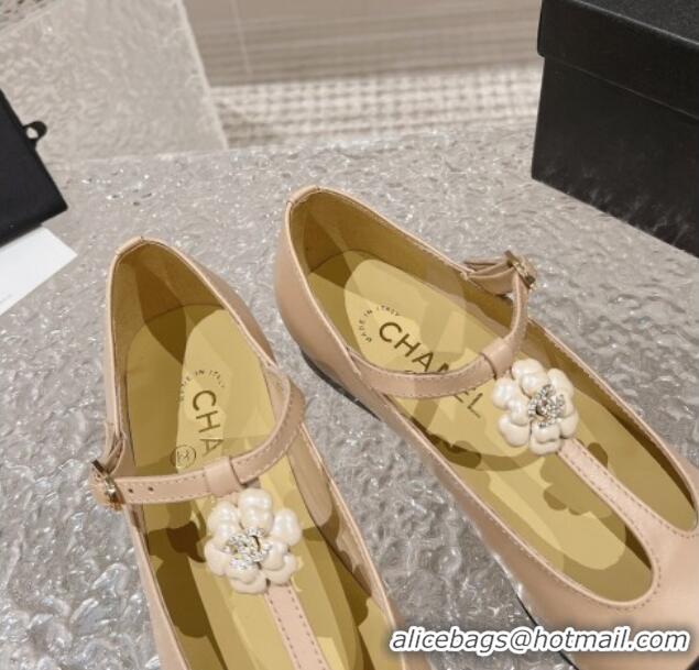 Unique Style Chanel Calfskin Ballet Flat with Bloom Charm Nude 201009