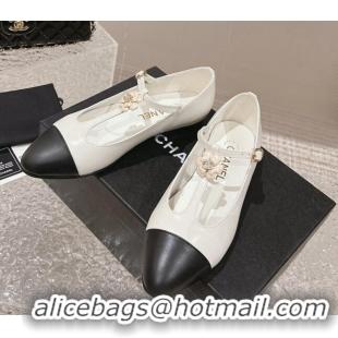 Best Grade Chanel Calfskin Ballet Flat with Bloom Charm White 201010