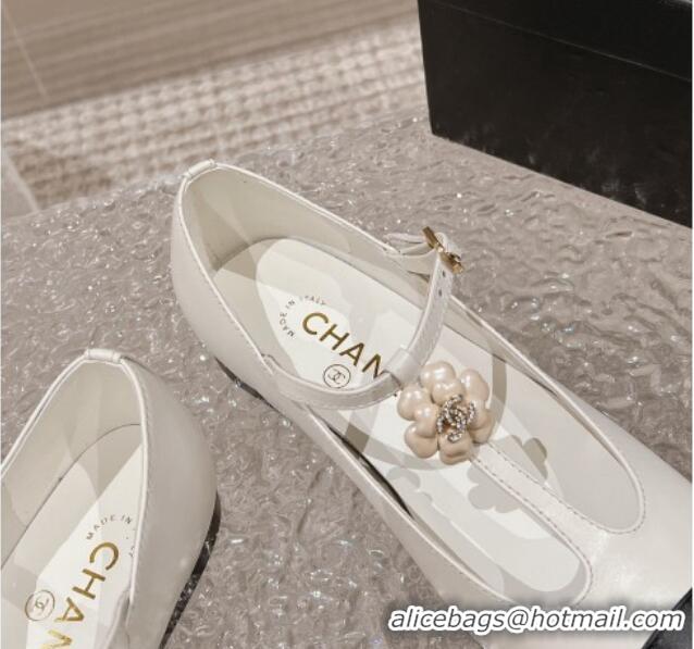 Best Grade Chanel Calfskin Ballet Flat with Bloom Charm White 201010