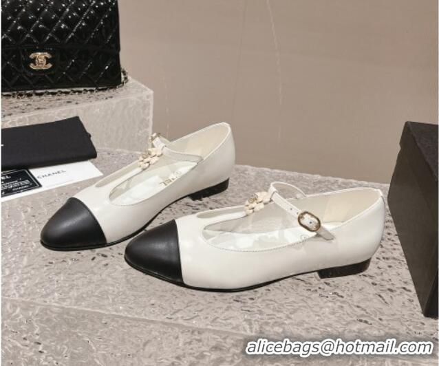 Best Grade Chanel Calfskin Ballet Flat with Bloom Charm White 201010