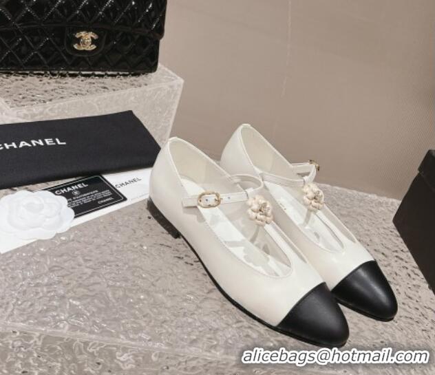 Best Grade Chanel Calfskin Ballet Flat with Bloom Charm White 201010