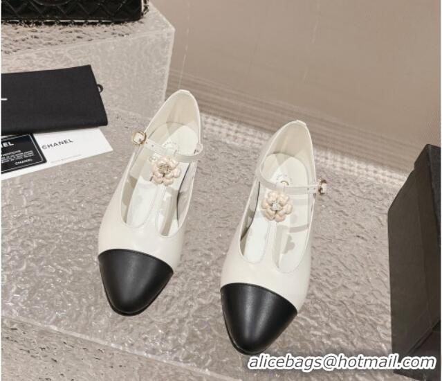 Best Grade Chanel Calfskin Ballet Flat with Bloom Charm White 201010