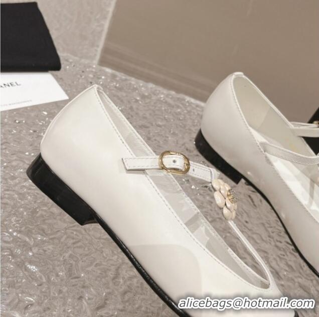 Best Grade Chanel Calfskin Ballet Flat with Bloom Charm White 201010