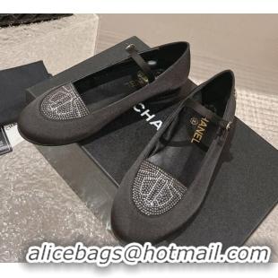 Top Design Chanel Satin & Crystals Mary Janes Ballet Flat Black 201011