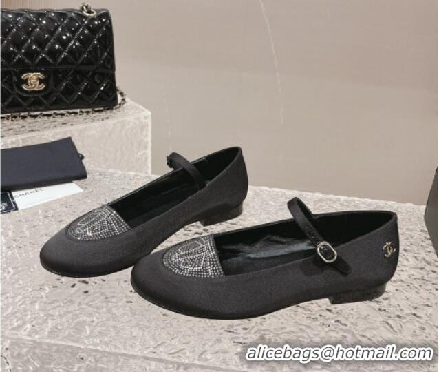 Top Design Chanel Satin & Crystals Mary Janes Ballet Flat Black 201011