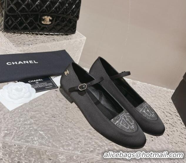 Top Design Chanel Satin & Crystals Mary Janes Ballet Flat Black 201011