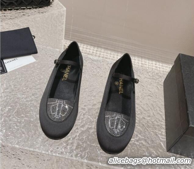 Top Design Chanel Satin & Crystals Mary Janes Ballet Flat Black 201011