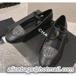 Best Product Chanel Leather & Crystals Mary Janes Ballet Flat Black 201013