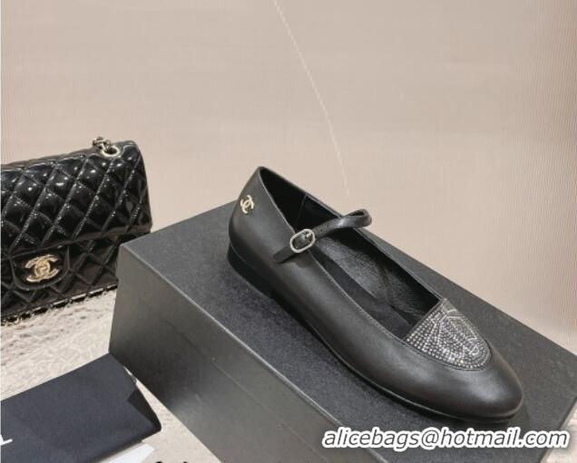 Best Product Chanel Leather & Crystals Mary Janes Ballet Flat Black 201013