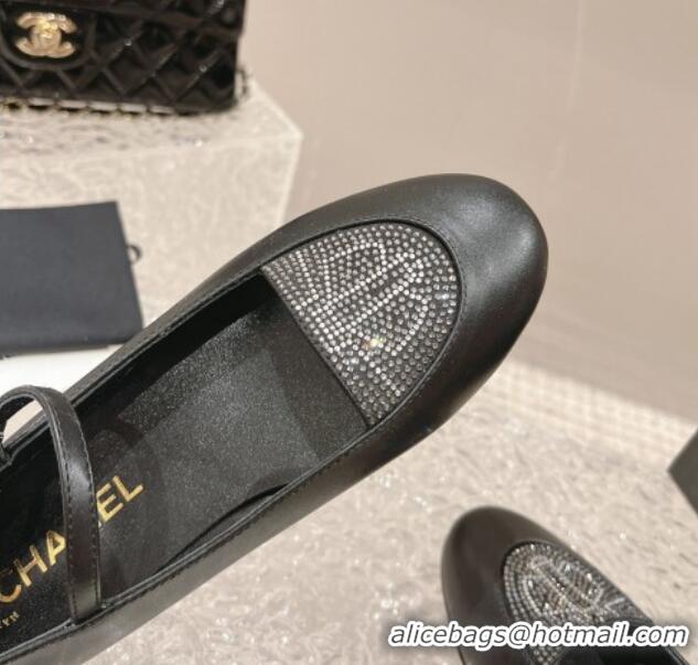 Best Product Chanel Leather & Crystals Mary Janes Ballet Flat Black 201013