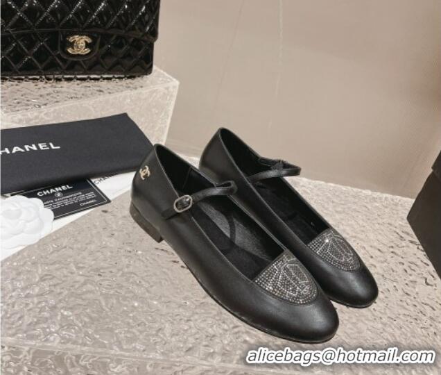 Best Product Chanel Leather & Crystals Mary Janes Ballet Flat Black 201013