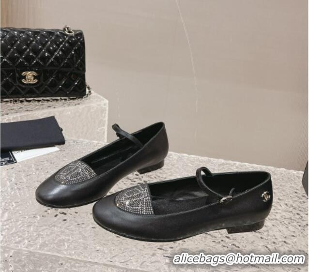 Best Product Chanel Leather & Crystals Mary Janes Ballet Flat Black 201013