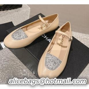 Top Grade Chanel Leather & Crystals Mary Janes Ballet Flat Nude 201014