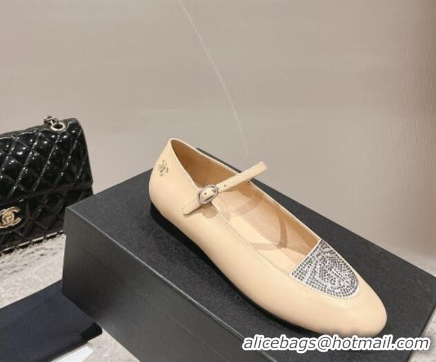 Top Grade Chanel Leather & Crystals Mary Janes Ballet Flat Nude 201014