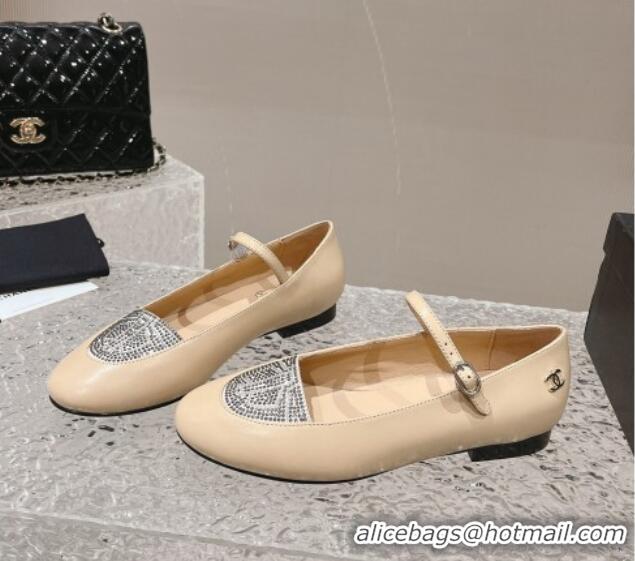 Top Grade Chanel Leather & Crystals Mary Janes Ballet Flat Nude 201014