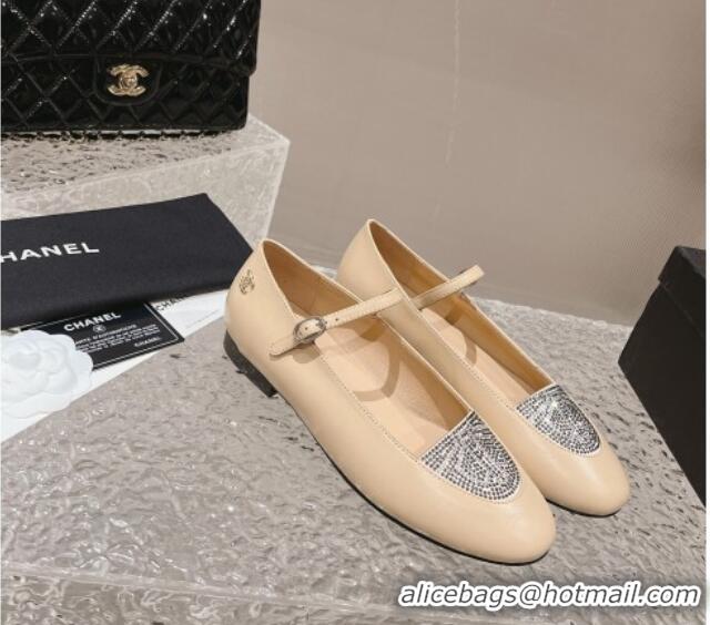 Top Grade Chanel Leather & Crystals Mary Janes Ballet Flat Nude 201014