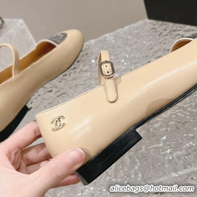 Top Grade Chanel Leather & Crystals Mary Janes Ballet Flat Nude 201014