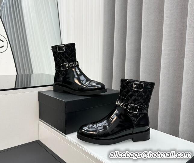 Purchase Chanel Patent Leather Ankle Boots with Buckle Black 201015